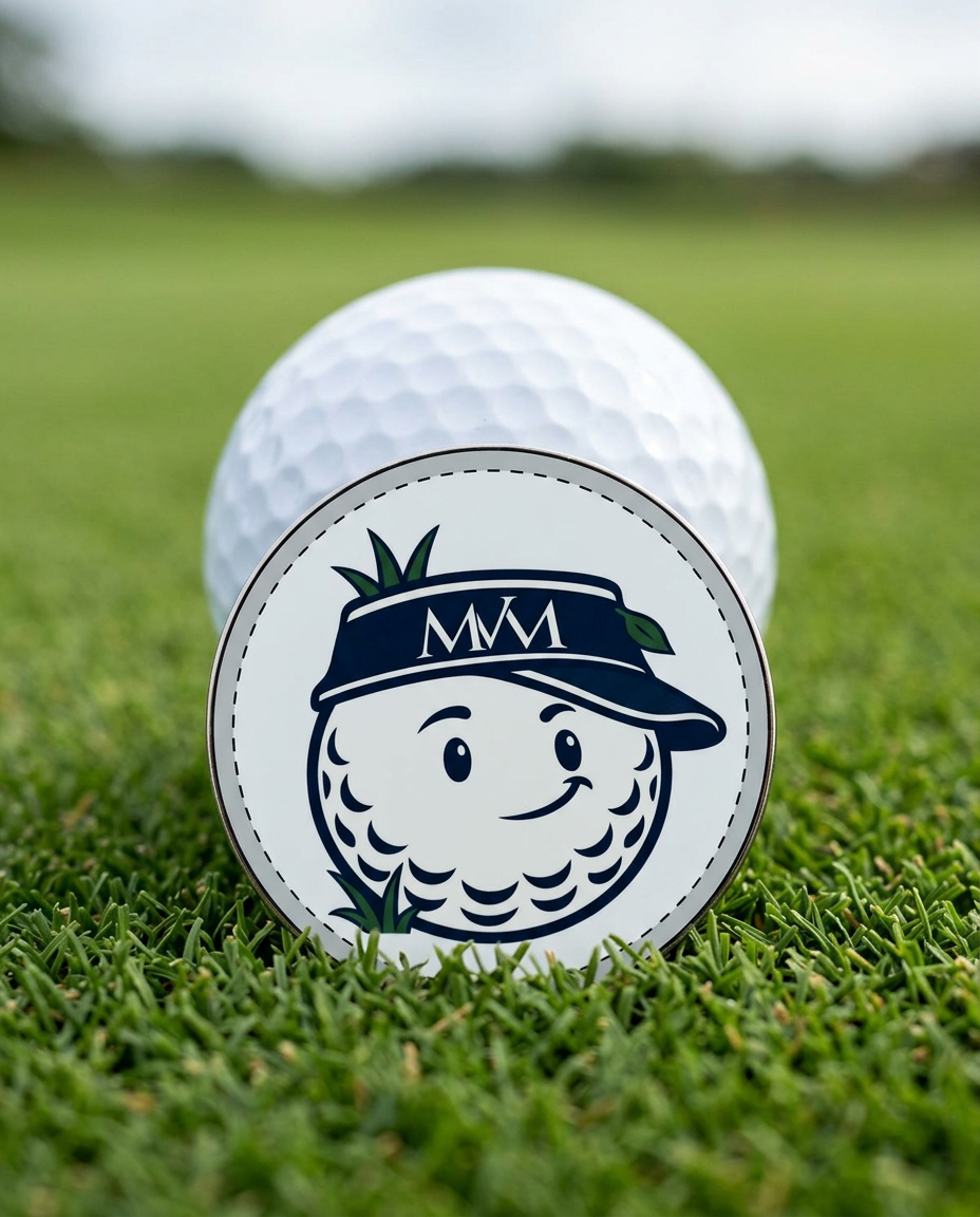Rough Day golf ball marker in navy and cream print on a putting green next to a golf ball