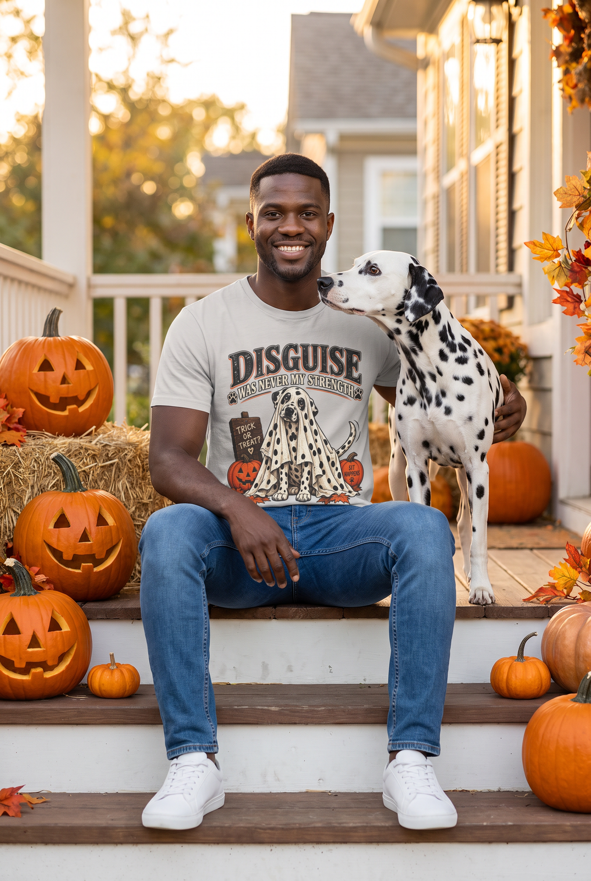 Mann im Dalmatiner Halloween T-Shirt in Ice Grey mit Dalmatiner unter einem gepunkteten Gespensterlaken und dem Spruch Disguise Was Never My Strength, auf einer Herbstveranda mit einem Dalmatiner und Kürbissen