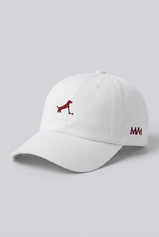 Color: White. Golf cap, angled side view with burgundy Putting dachshund and MVM monogram