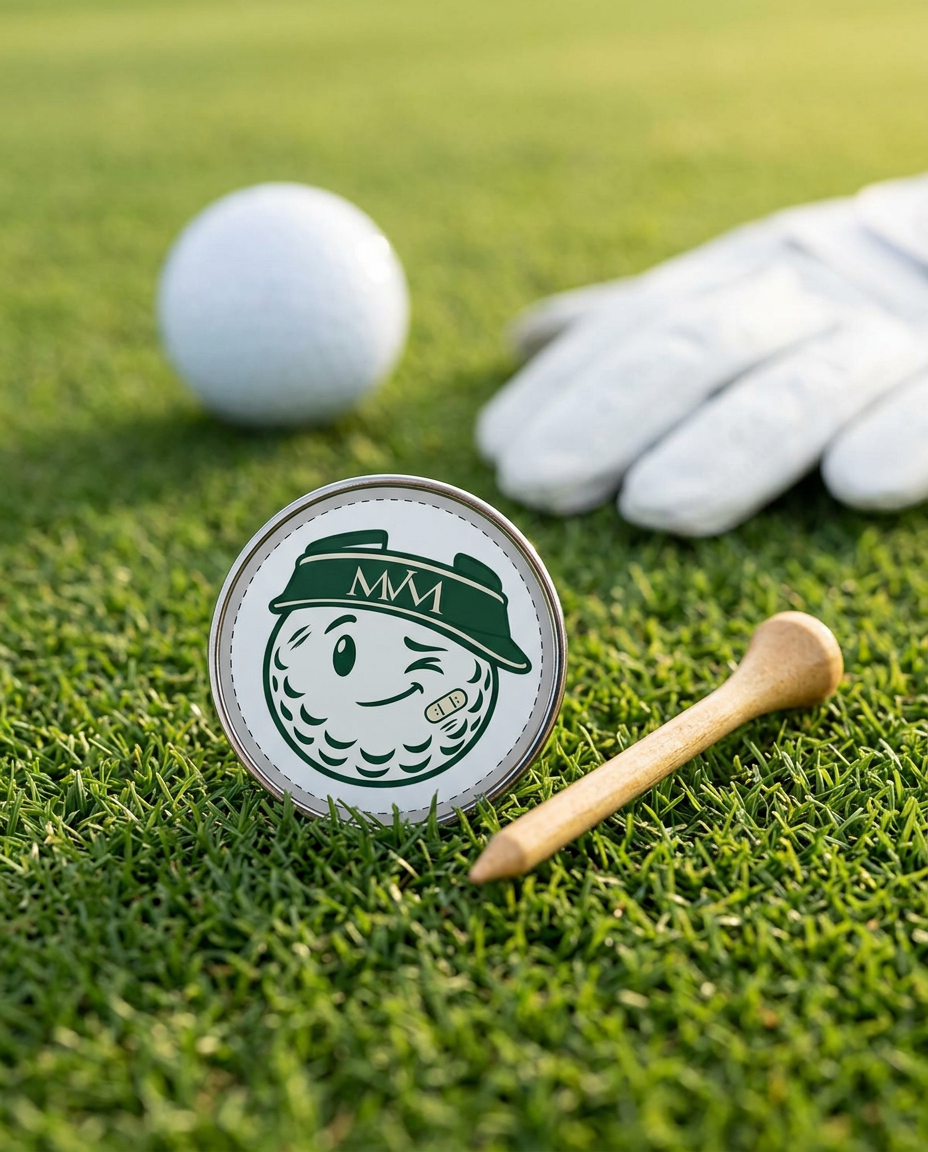 Mulligan golf ball marker in forest green and cream print on grass with a wooden tee and golf glove