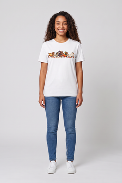 Woman wearing a white wiener dog Halloween parade t-shirt with five dachshunds dressed as hot dog, mummy, witch, pumpkin and ghost, front view