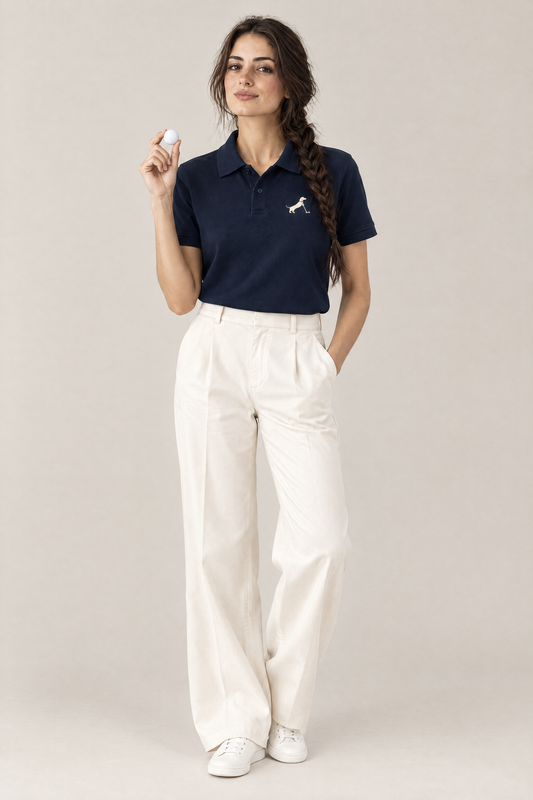 Woman holding a golf ball in navy blue Putting dachshund golf polo and cream wide-leg trousers, full-body studio look. Color: Navy Blue