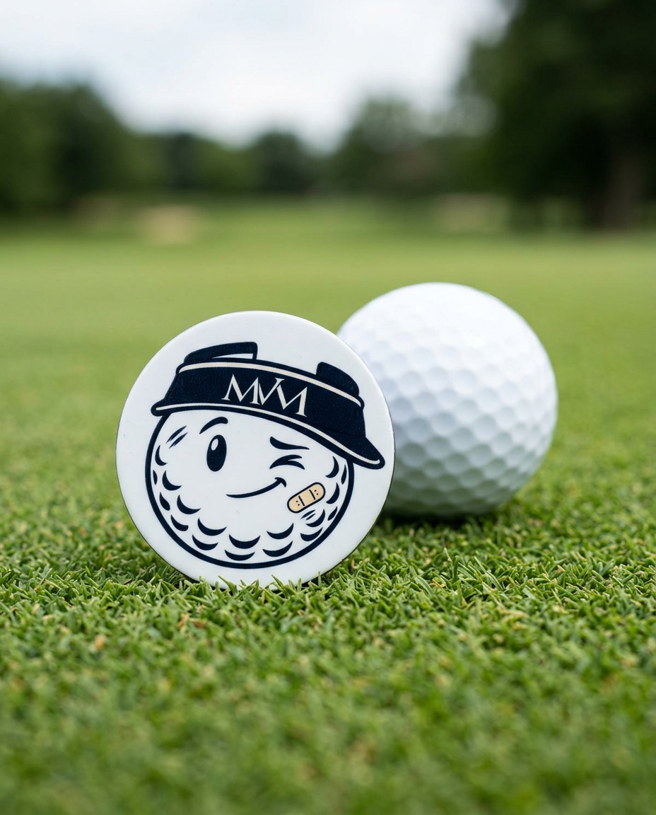 Mulligan golf ball marker in navy and cream print on a putting green next to a golf ball