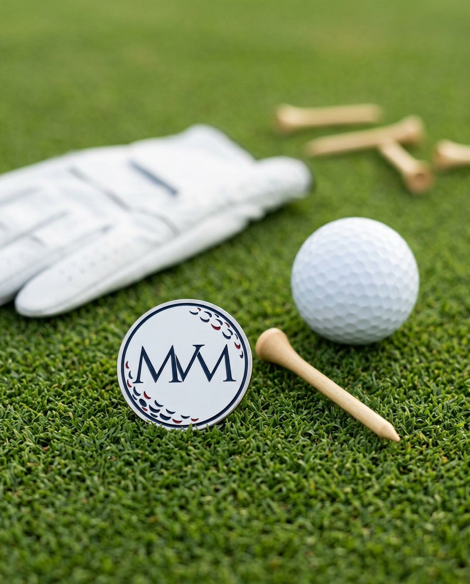 Pure Ball golf ball marker in navy and burgundy print on grass with a wooden tee and golf glove