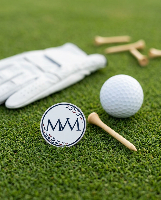 Pure Ball golf ball marker in navy and burgundy print on grass with a wooden tee and golf glove