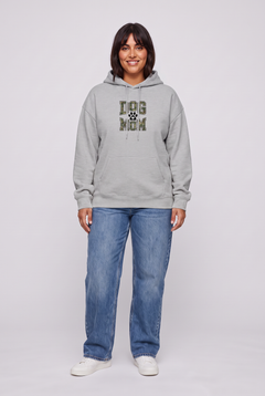 Woman wearing the Camo Dog Mom hoodie in sport grey, front view. Color: Sport Grey