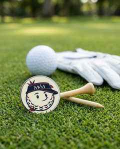 Rough Day golf ball marker in navy and burgundy print on grass with a wooden tee and golf glove