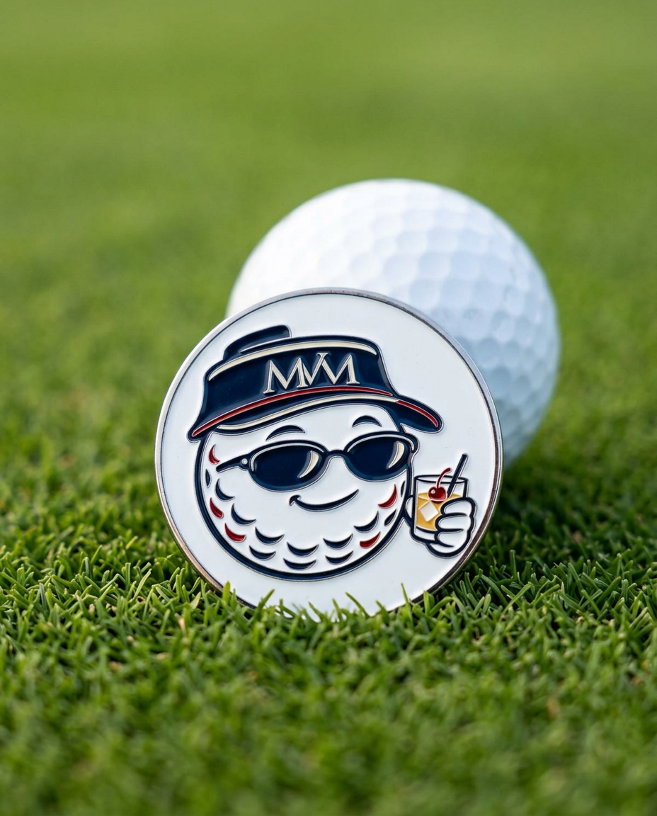 19th Hole golf ball marker in navy and burgundy print on a putting green next to a golf ball