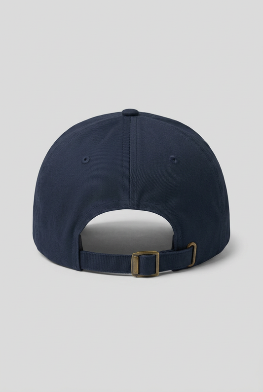 Color: Navy. Navy golf cap, back view with adjustable brass buckle strap