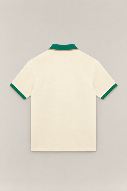 Club Crest color block polo in apricot with green collar and cuffs, back view packshot. Color: Apricot with Green
