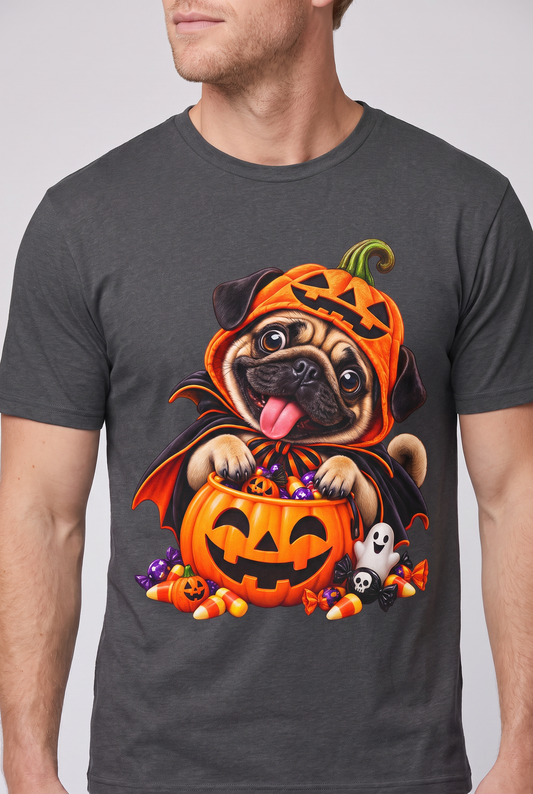 Close-up of the chest print on a dark heather pug Halloween t-shirt with a pug in a pumpkin costume and candy bucket