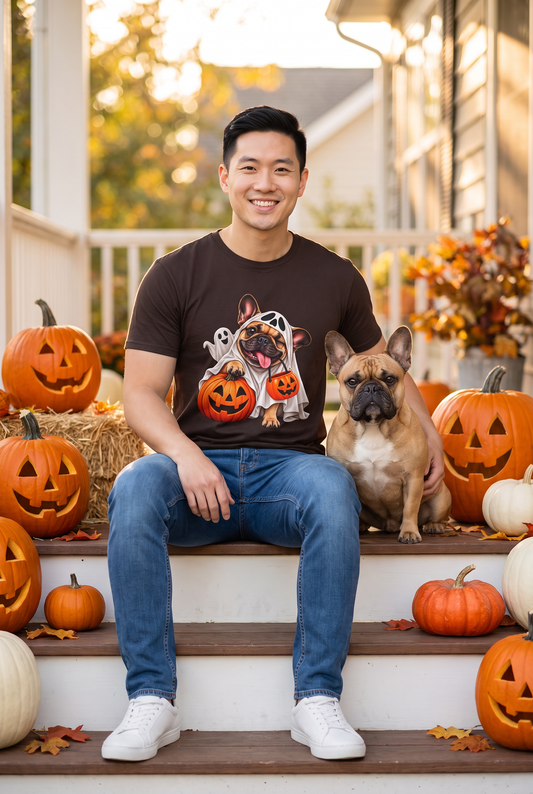 Man in a dark chocolate French Bulldog ghost Halloween t-shirt with a Frenchie in a ghost costume and a pumpkin candy bucket sitting on a fall porch with a fawn French Bulldog and pumpkins