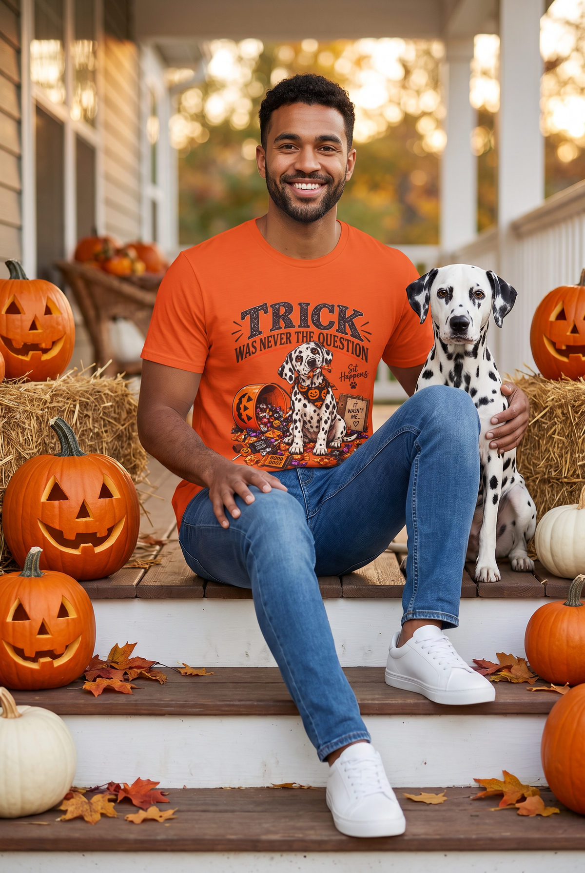 Mann im Dalmatiner Halloween T-Shirt in Orange mit Süssigkeitendieb und dem Spruch Trick Was Never The Question, auf einer Herbstveranda mit einem Dalmatiner und Kürbissen