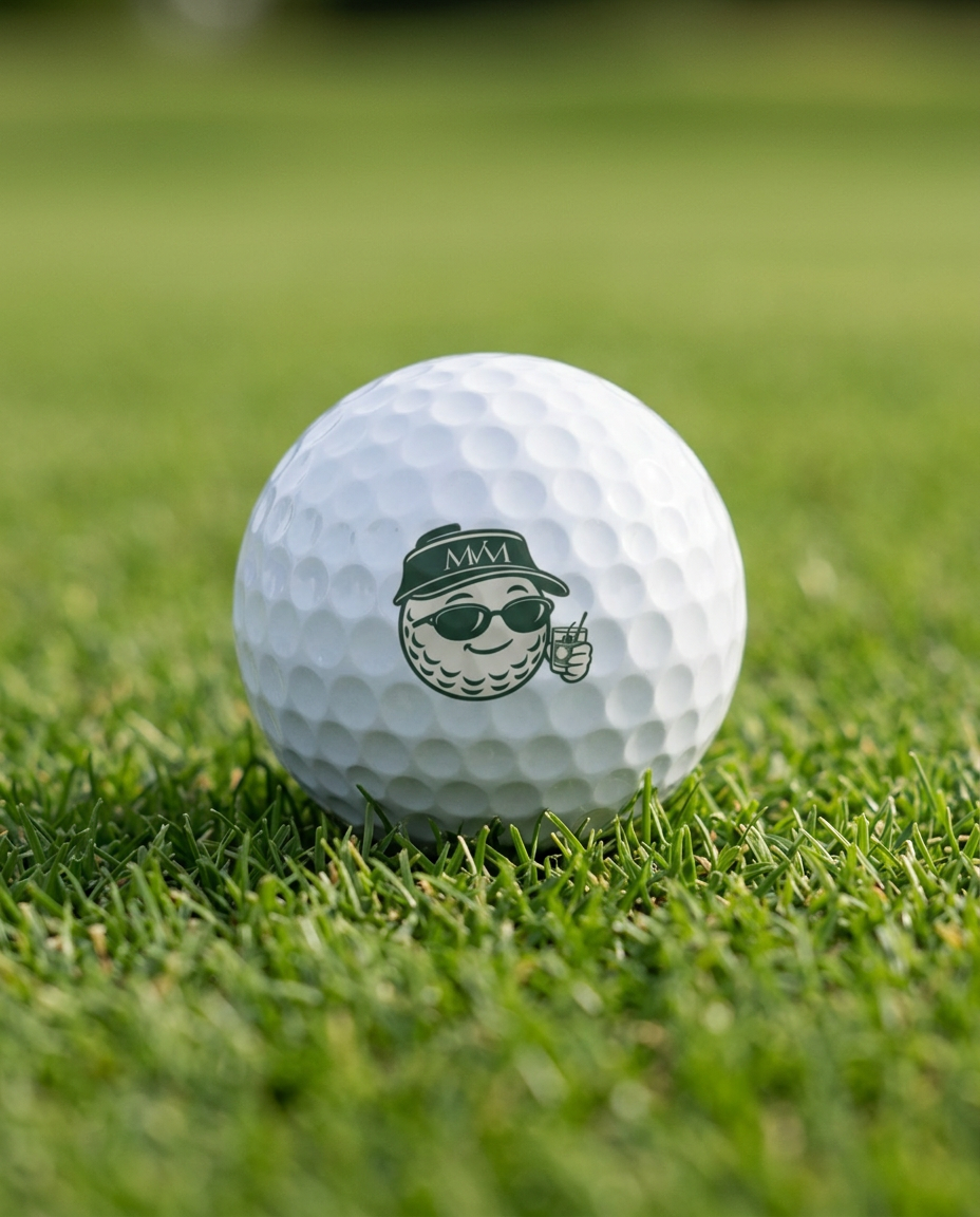 19th Hole golf ball in forest green and cream print, close-up on green grass