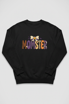 Momster Halloween sweatshirt in black, flat lay. Color: Black