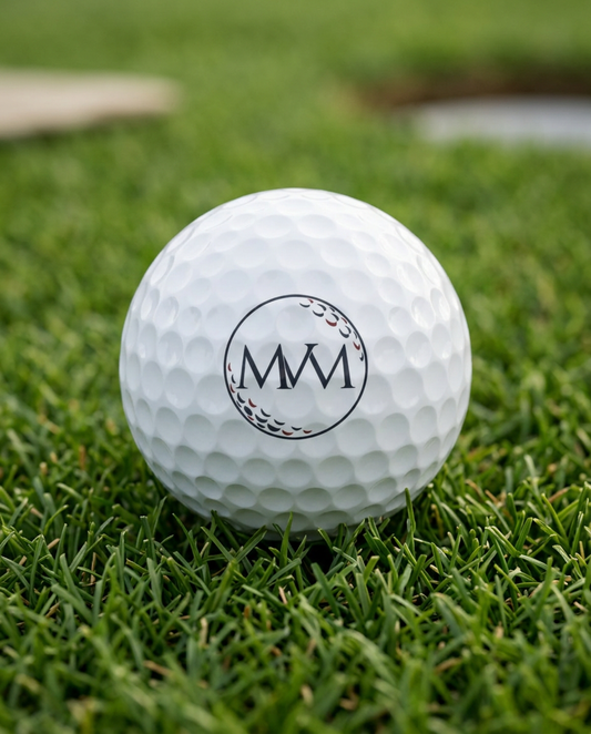 Pure Ball golf ball in navy and burgundy print, close-up on green grass