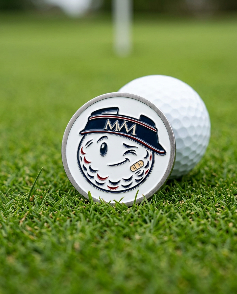 Mulligan golf ball marker in navy and burgundy print on a putting green next to a golf ball
