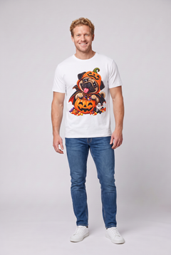 Man wearing a white pug Halloween t-shirt with a pug in a pumpkin costume and candy bucket, front view