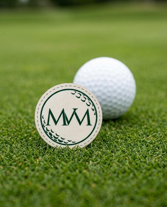 Pure Ball golf ball marker in forest green and cream print on a putting green next to a golf ball