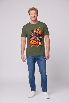 Man wearing a military green pug Halloween t-shirt with a pug in a pumpkin costume and candy bucket, front view