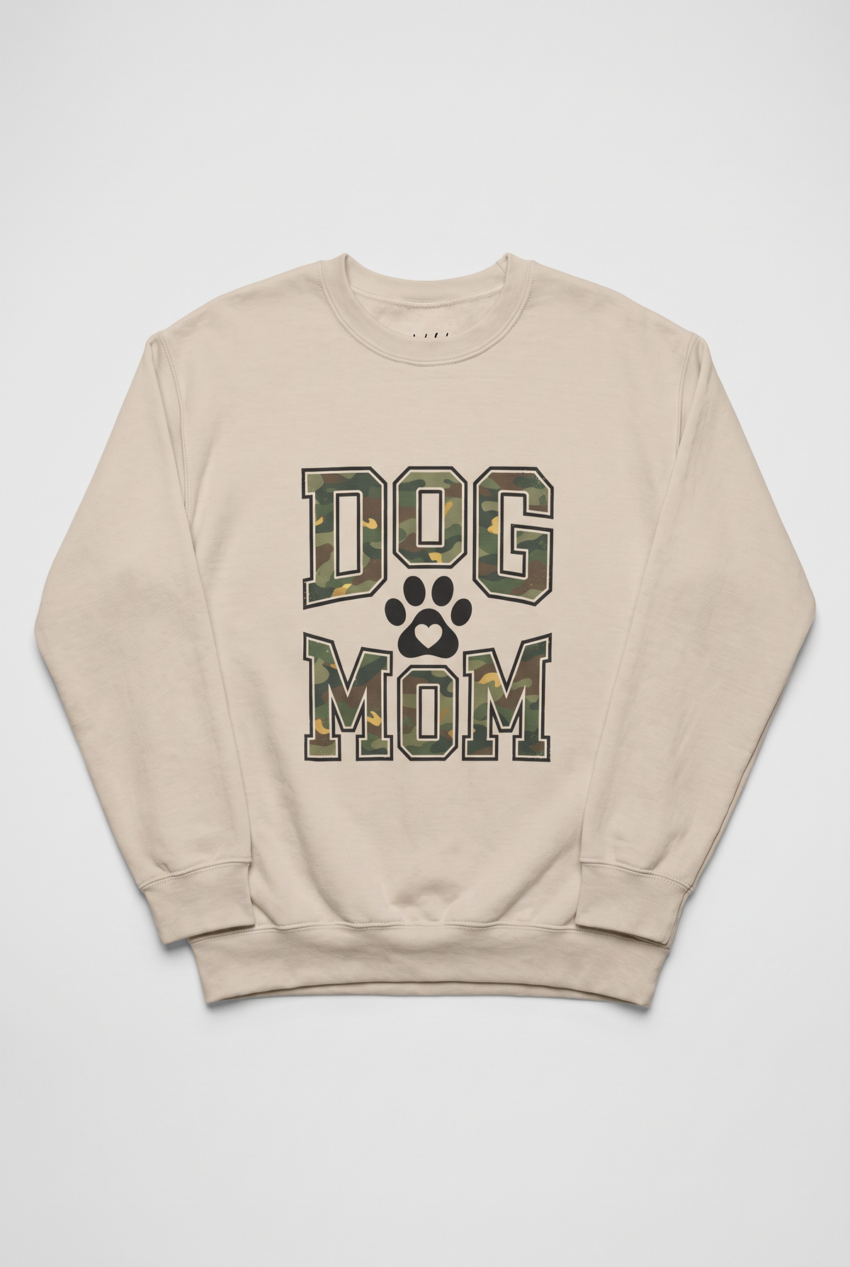 Camo Dog Mom sweatshirt in sand, flat lay. Color: Sand