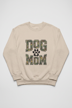 Camo Dog Mom sweatshirt in sand, flat lay. Color: Sand