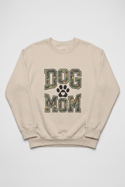 Camo Dog Mom sweatshirt in sand, flat lay. Color: Sand