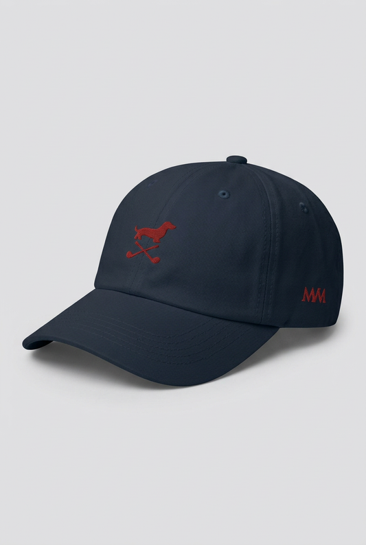 Color: Navy. Golf cap, angled side view with burgundy Club Mark dachshund and MVM monogram