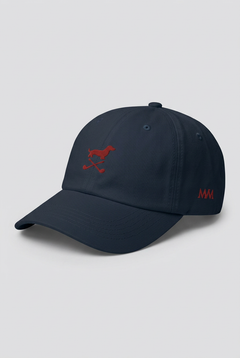Color: Navy. Golf cap, angled side view with burgundy Club Mark dachshund and MVM monogram