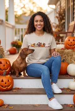 Woman in a sand wiener dog Halloween parade t-shirt with five dachshunds dressed as hot dog, mummy, witch, pumpkin and ghost sitting on a fall porch with a red dachshund and pumpkins