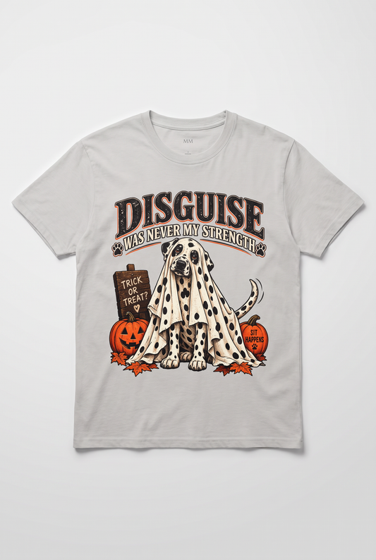 Flat lay of an ice grey funny Dalmatian Halloween t-shirt with a Dalmatian under a spotted ghost sheet and the text Disguise Was Never My Strength