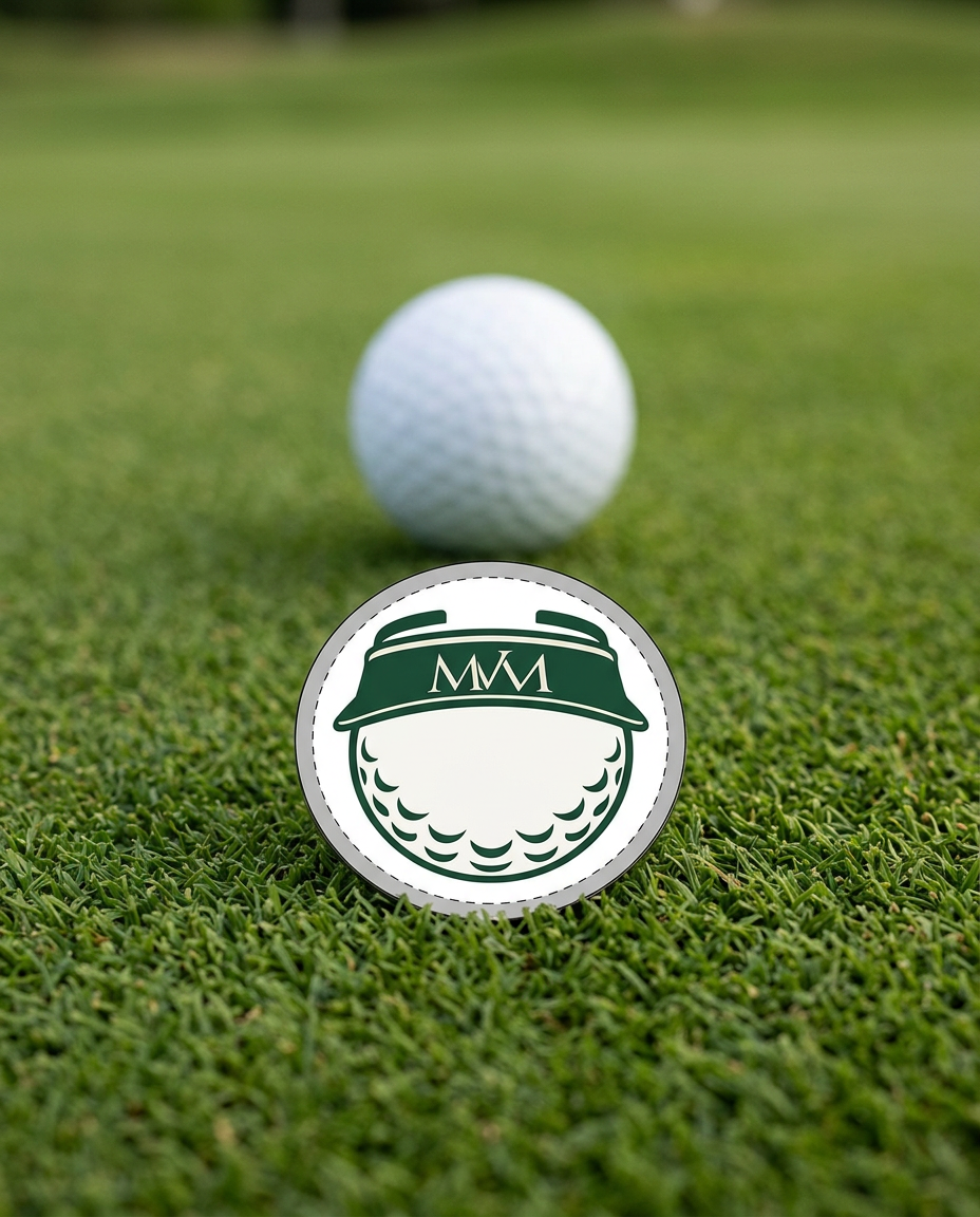 Visor Ball golf ball marker in forest green and cream print on a putting green next to a golf ball