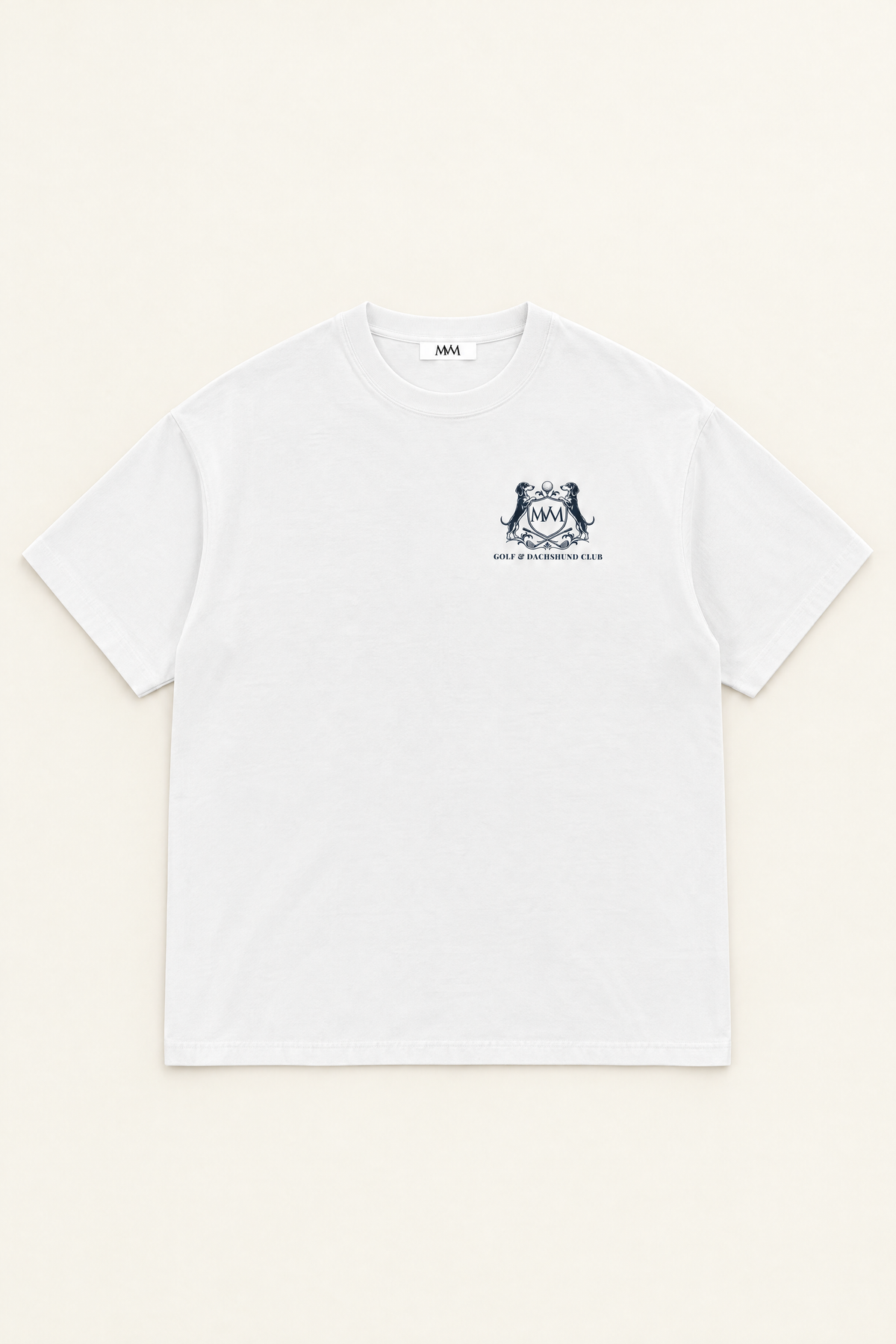 Flat lay of the white oversized Club Crest tee, front with small navy crest at the left chest