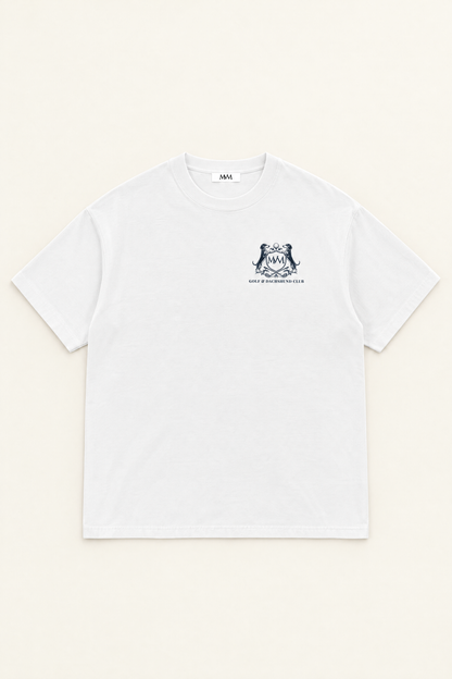 Flat lay of the white oversized Club Crest tee, front with small navy crest at the left chest