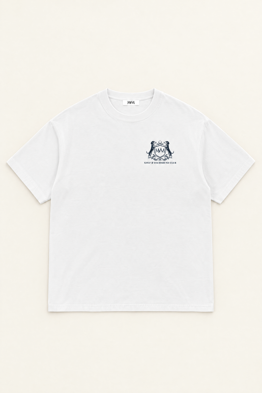 Flat lay of the white oversized Club Crest tee, front with small navy crest at the left chest