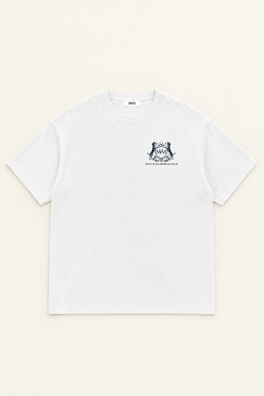 Flat lay of the white oversized Club Crest tee, front with small navy crest at the left chest