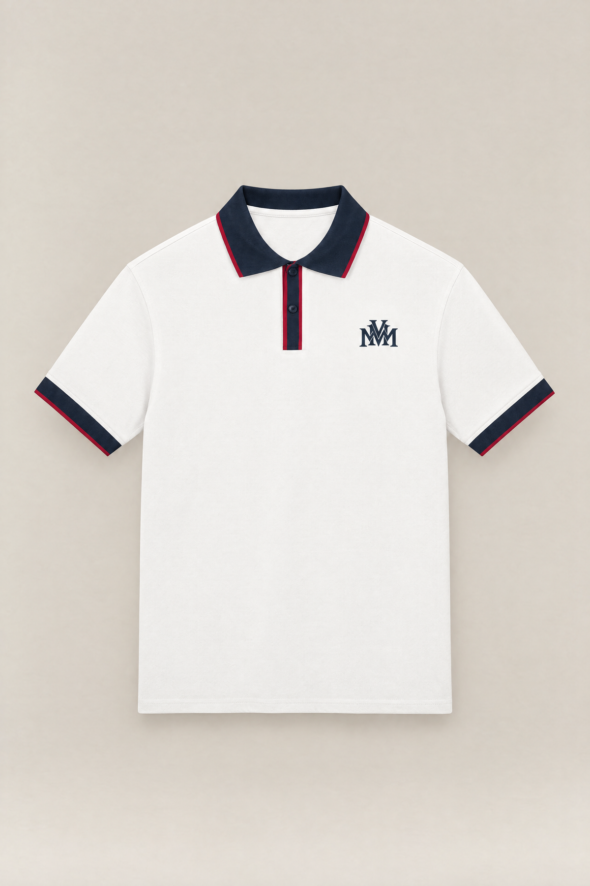 Club Crest color block polo in white with navy collar, placket and cuffs, front view packshot. Color: White with Navy Blue