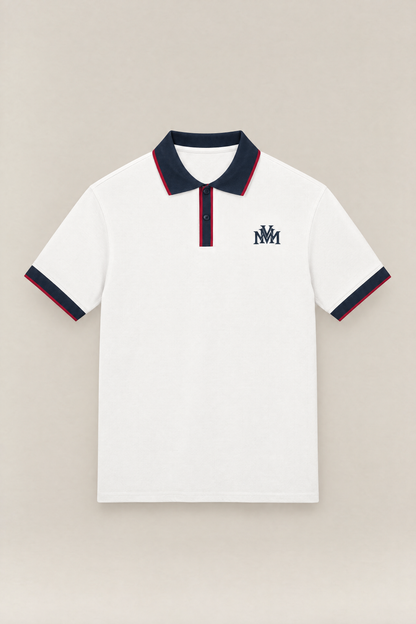 Club Crest color block polo in white with navy collar, placket and cuffs, front view packshot. Color: White with Navy Blue