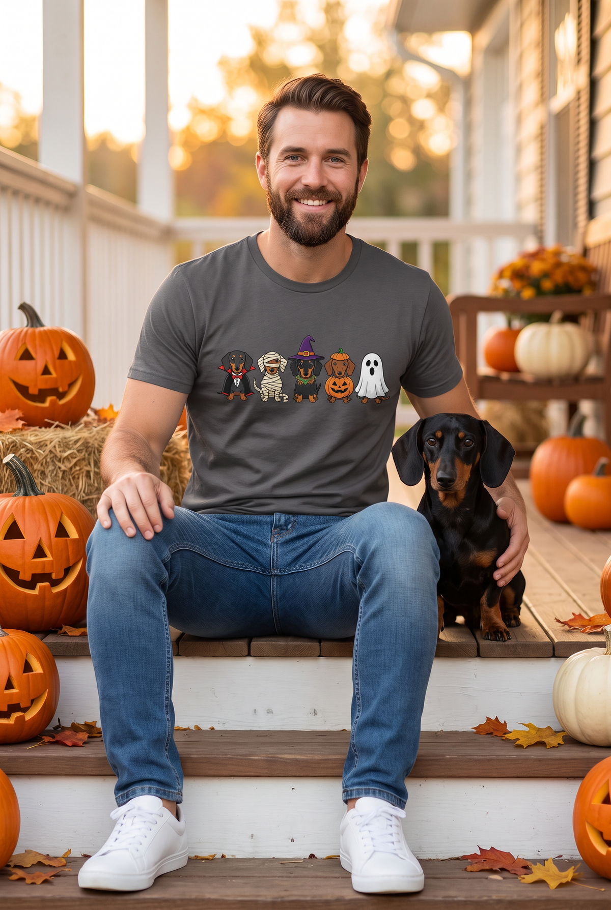 Mann im Dackel Halloween Parade T-Shirt in Charcoal mit fünf Dackeln als Vampir, Mumie, Hexe, Kürbis und Gespenst, auf einer Herbstveranda mit einem schwarz-roten Dackel und Kürbissen