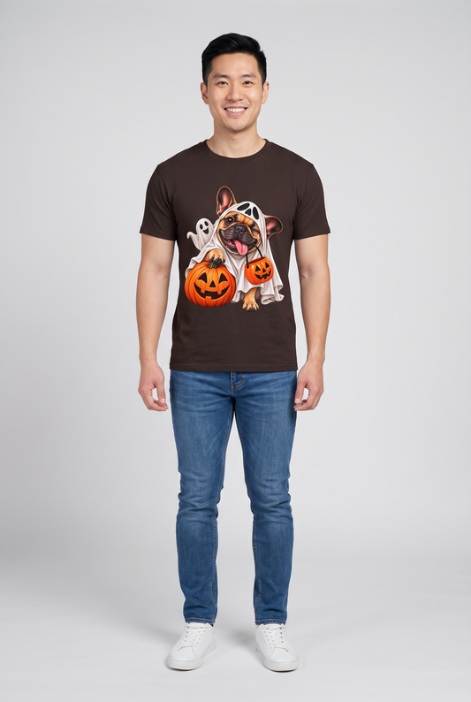 Man wearing a dark chocolate French Bulldog ghost Halloween t-shirt with a Frenchie in a ghost costume and a pumpkin candy bucket, front view