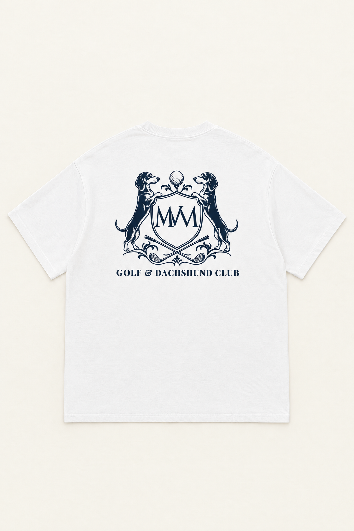 Flat lay of the white oversized Club Crest tee, back with large navy crest across the upper back