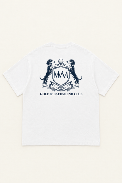 Flat lay of the white oversized Club Crest tee, back with large navy crest across the upper back