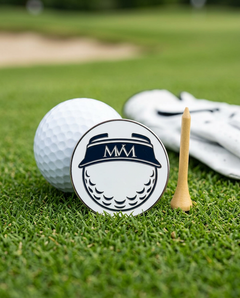 Visor Ball golf ball marker in navy and cream print on grass with a wooden tee and golf glove