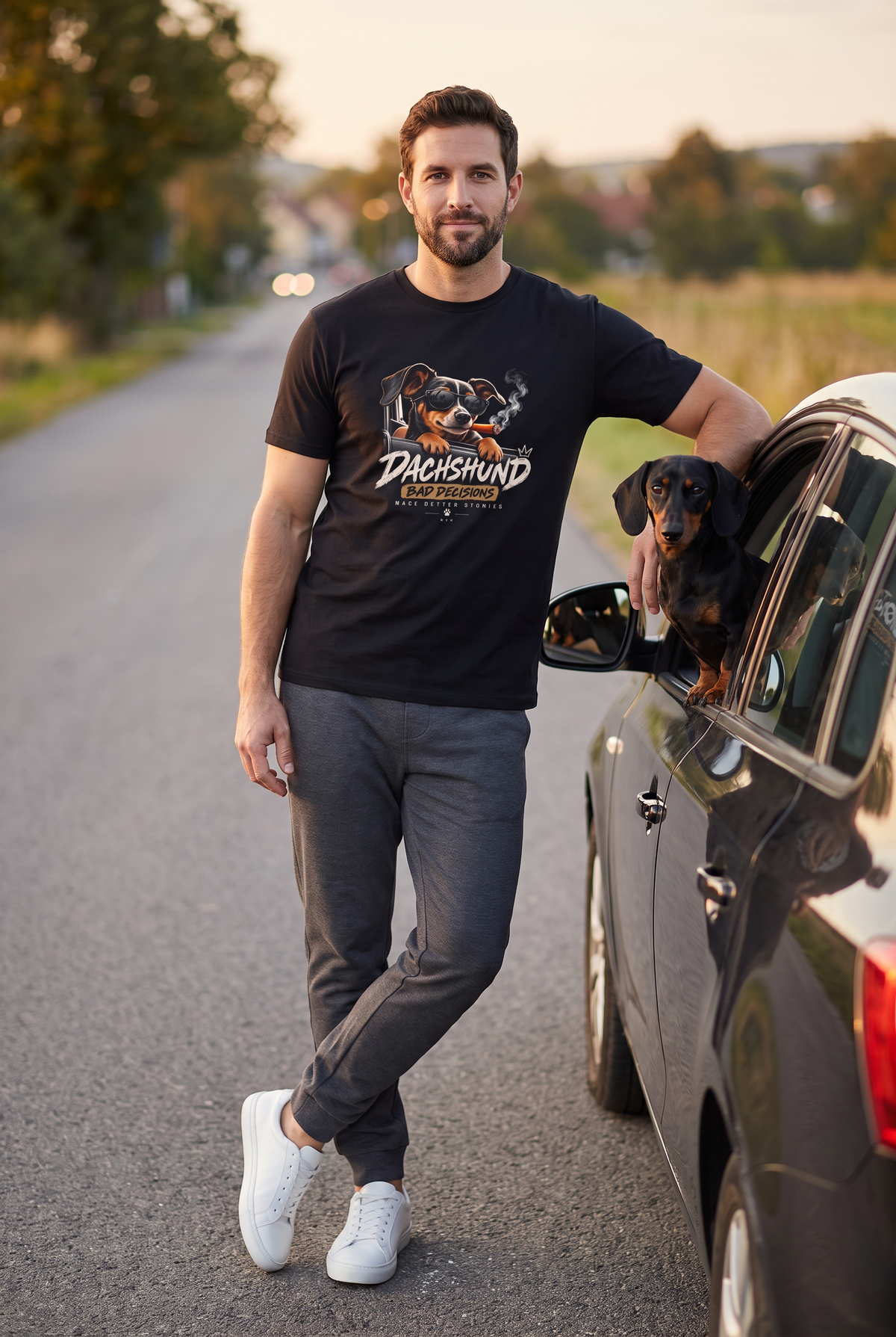 Hundepapa im schwarzen Dackel T-Shirt am Auto, sein Dackel schaut aus dem offenen Fenster