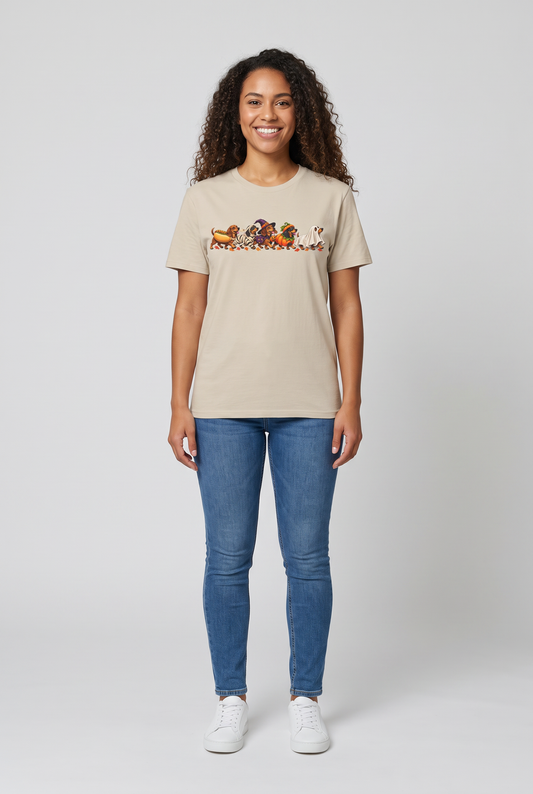 Woman wearing a sand wiener dog Halloween parade t-shirt with five dachshunds dressed as hot dog, mummy, witch, pumpkin and ghost, front view