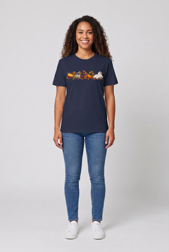 Woman wearing a navy wiener dog Halloween parade t-shirt with five dachshunds dressed as hot dog, mummy, witch, pumpkin and ghost, front view