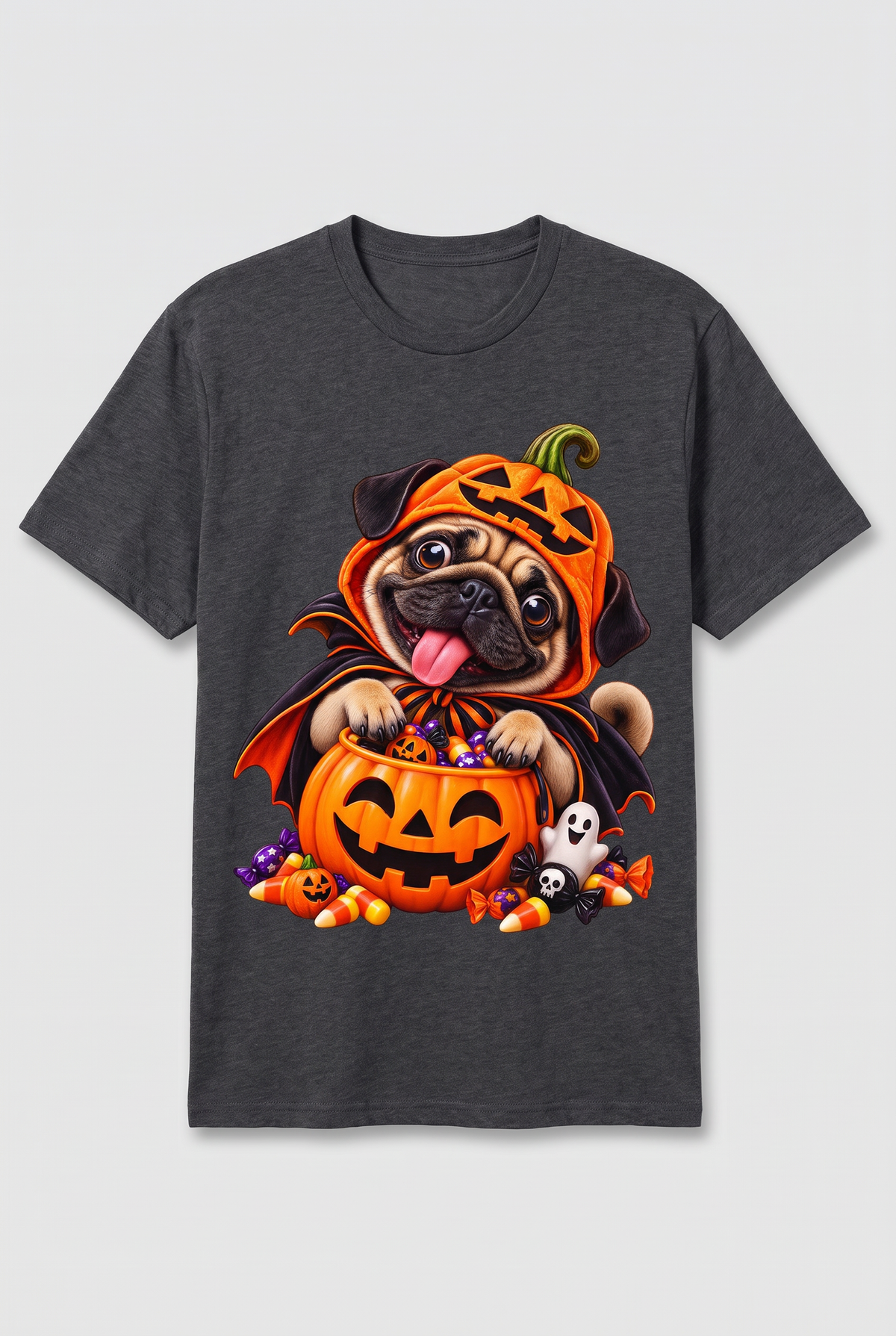 Flat lay of a dark heather pug Halloween t-shirt with a pug in a pumpkin costume and candy bucket