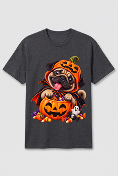 Flat lay of a dark heather pug Halloween t-shirt with a pug in a pumpkin costume and candy bucket