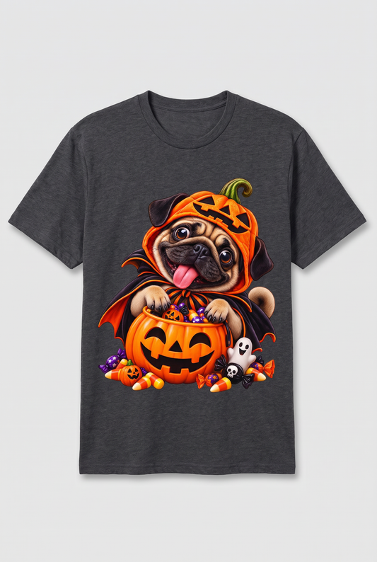 Flat lay of a dark heather pug Halloween t-shirt with a pug in a pumpkin costume and candy bucket