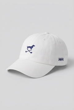 Color: White. Golf cap, angled side view with navy Club Mark dachshund and MVM monogram